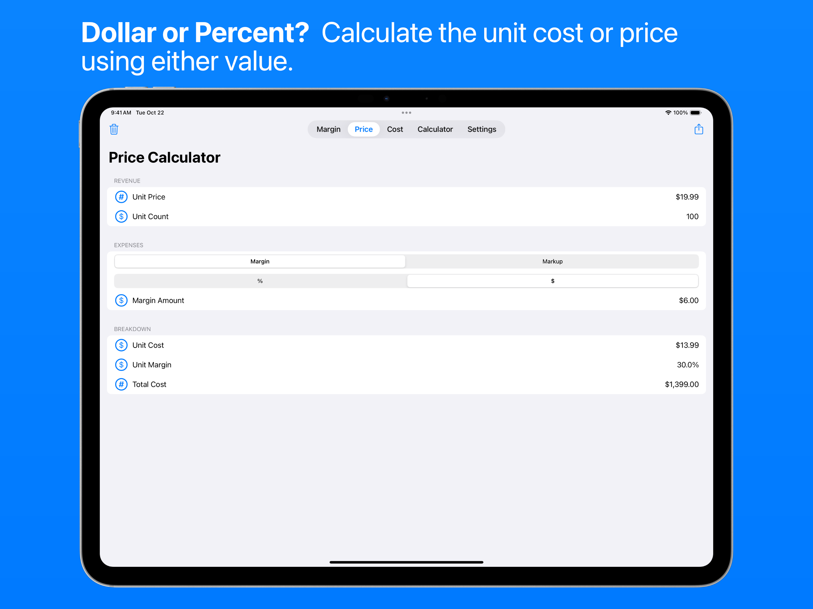 Dollar or Percent Calculation on iPad